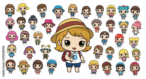 Quadro em tela Cartoon girl with many small characters.