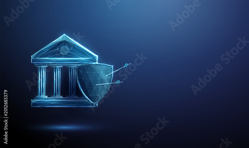 Foto 3D blue bank icon and shield with arrows