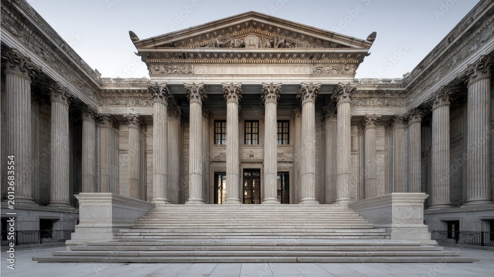 Fototapeta premium Grand classical courthouse facade with row of stone columns and sweeping staircase