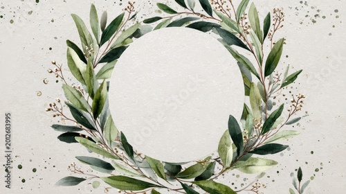 Hand-painted circular botanical border with olive and eucalyptus leaves for invites and cards