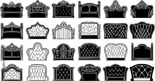 Photos Black and White Line Art Vector of Ornate Headboard Designs, Furniture Illustrat