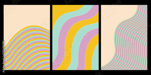 Abstract wavy lines triptych pastel color palette modern art