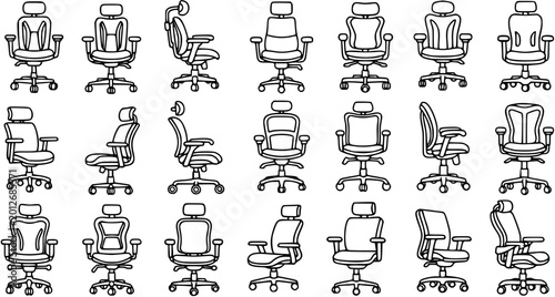 Tableau sur toile Black and White Line Art Collection of Office Chairs, Ergonomic Furniture, Vecto