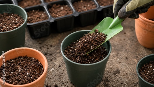 Gardener hand using green trowel to fill plastic pots with potting soil and white fertilizer granules for spring nursery seed starting