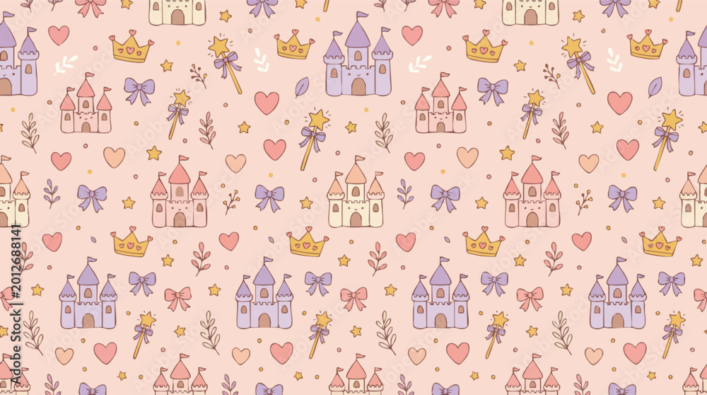 Obraz premium Cute Baby Pattern with Castles and Crowns Seamless Design