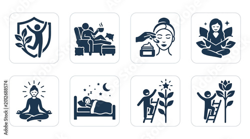 Self-care and Wellness Icons: Mindfulness, Relaxation, Beauty, Growth, Sleep