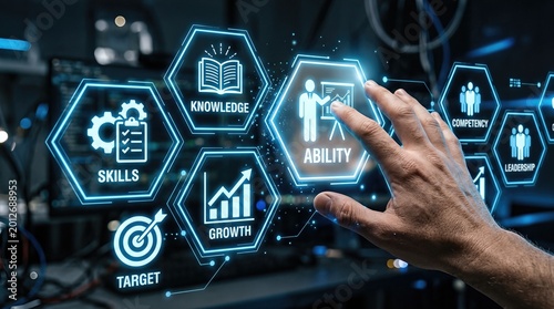 Futuristic business skills development interface, digital competency training concept, hand touching virtual ability icons