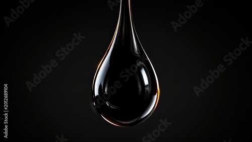 Viscous Crude Oil Drop Hanging in darkness illustrates the concentrated energy and high value of petroleum resources through professional macro photography