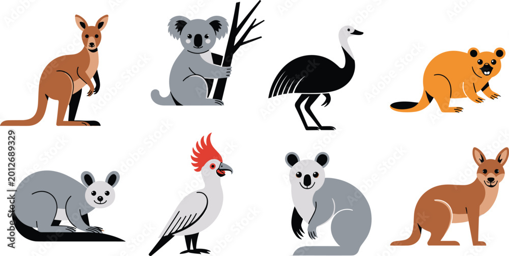 Fototapeta premium Australian animal vector set, cartoon kangaroo, koala clipart, wildlife icons, native species illustration, flat style fauna graphics collection.