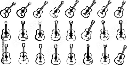 Fotografie Black and White Line Art of Various Acoustic Guitars in Rows