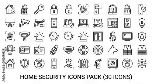 black and white home security icon set, smart lock, alarm system, cctv house, home protection icons, outline vector icons, isolated on white background, simple line style, 30 icons pack