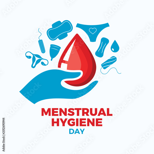 Menstrual Hygiene Day poster vector illustration. Hand with a drop of blood and menstrual hygiene products icon set. Template for background, banner, card. May 28 every year. Important day