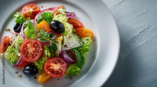 side view of a healthy vegetable salad served on an elegant white plate, fresh ingredients illuminated by soft natural light