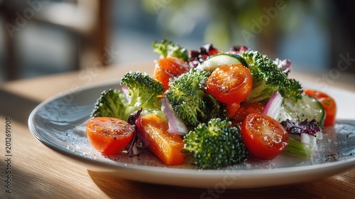 side view of a healthy vegetable salad served on an elegant white plate, fresh ingredients illuminated by soft natural light