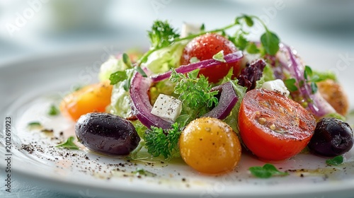 side view of a healthy vegetable salad served on an elegant white plate, fresh ingredients illuminated by soft natural light