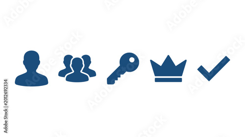 Teamwork Success Icons: User, Group, Key, Crown, Checkmark - Blue Silhouette