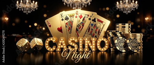 Luxury casino night banner with golden playing cards, glowing marquee sign, gold poker chips and dice on dark background
