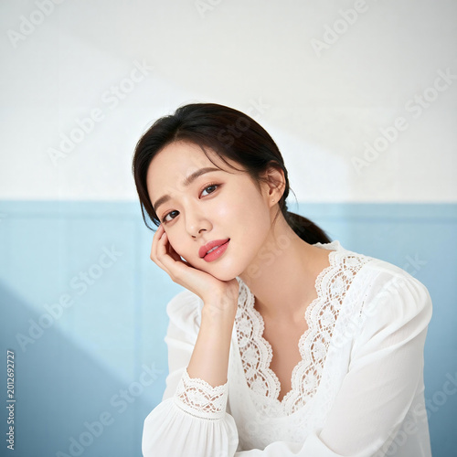 Young woman in white lace top indoor portrait