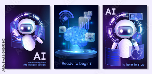 Artificial Intelligence Posters with Futuristic Robot and Tech Concepts