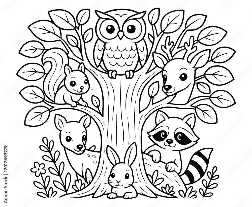 Fototapeta premium Forest animals coloring page with owl squirrel raccoon rabbit and deer sitting in a tree.