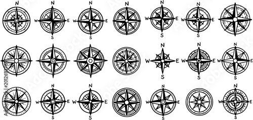 Black and White Line Art Compass Rose Collection, Navigation Symbols, Nautical Vector Graphics