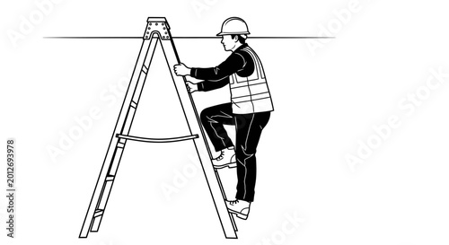 Construction worker climbing a ladder against a white background vector illustration