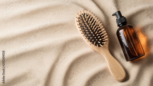 Hairbrush and amber bottle on sandy surface with wavy patterns