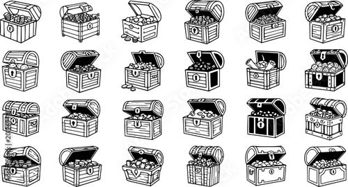 Foto Black and White Line Art Treasure Chests Filled with Gold and Jewels, Vector Ico