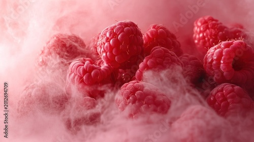 Macro shot of fresh, ripe raspberries nestled in a soft, pinkish fog or vapor, artfully lit