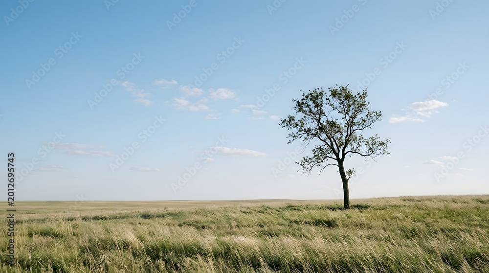Fototapeta premium A lone tree stands tall in a vast green field under a clear blue sky with scattered clouds on a sunny day