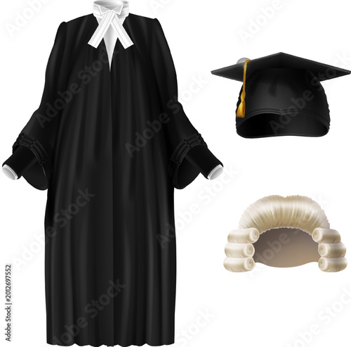 Lawyer, judge, graduation, wig, gown, cap, legal, education, profession, black, vector icons