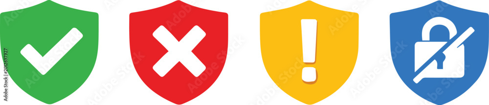 Obraz premium Set of colorful shield icons with security status symbols