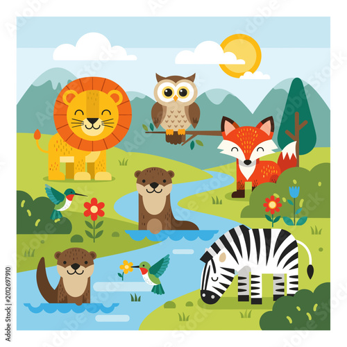 Photography A vibrant, cartoon-style illustration depicts a diverse group of wild animals enjoying a sunny day in a lush, green landscape with a winding river