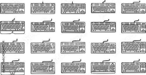 Photos Black and White Line Art Collection of Various Computer Keyboards, Technology an