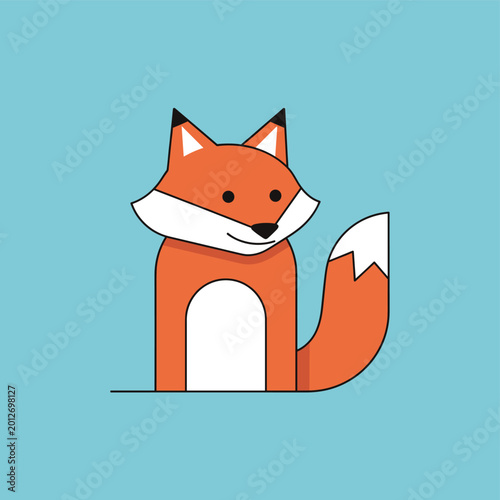 Fotografi A charming, minimalist illustration of a cartoon fox with a bushy tail, set against a solid blue background