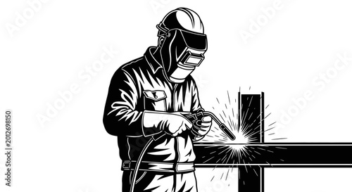 Quadro em tela Welder working with welding torch generating sparks against white background