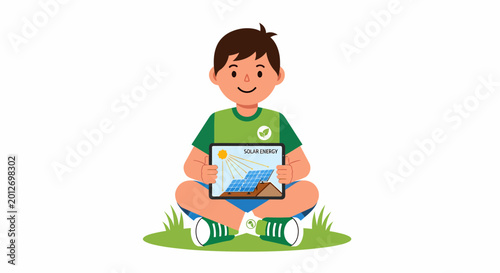 Boy with Tablet Showing Solar Panels and Sun - Renewable Energy Education
