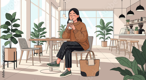 Cozy Cafe Scene: Woman Enjoying Drink Amidst Lush Plants and Natural Light
