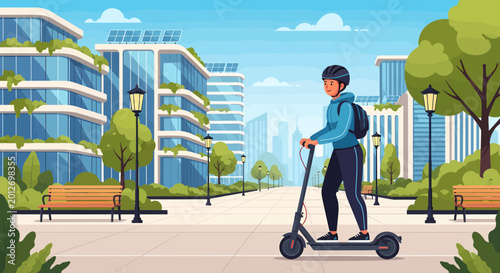 Eco-friendly City Commute: Person riding electric scooter near modern green buildings