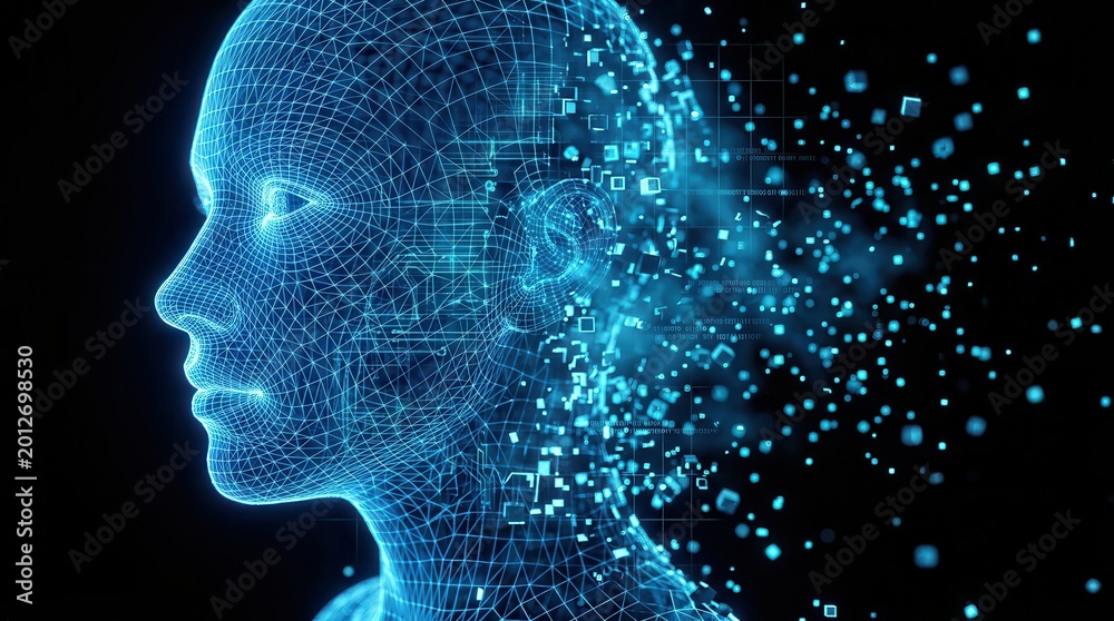 Fototapeta premium A blue wireframe human head representing artificial intelligence and digital transformation.