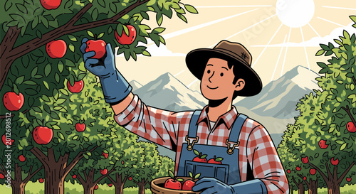 Farmer Harvesting Ripe Apples in Orchard on Sunny Day