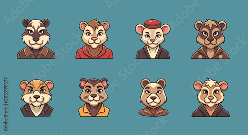 Quadro su tela A collection of eight cartoon animal avatars, resembling badgers or bears, each with unique clothing and expressions, set against a solid teal background