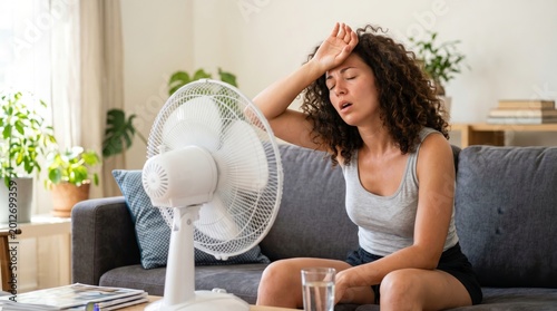 Woman overcoming heat in living room fan relief modern home casual setting