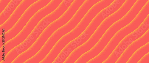 Vector abstract wide panoramic background with wavy retro lines, halftone dots and grain texture. Hot red and yellow curves create psychedelic groovy summertime motion inspired by 60s and 70s art