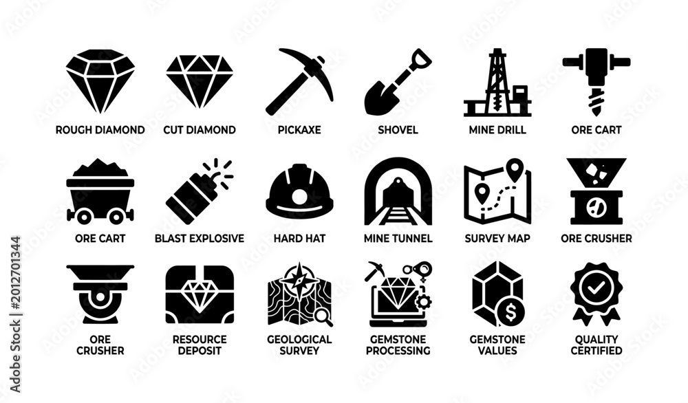 Fototapeta premium Mining icons showing tools and gemstone processing grid