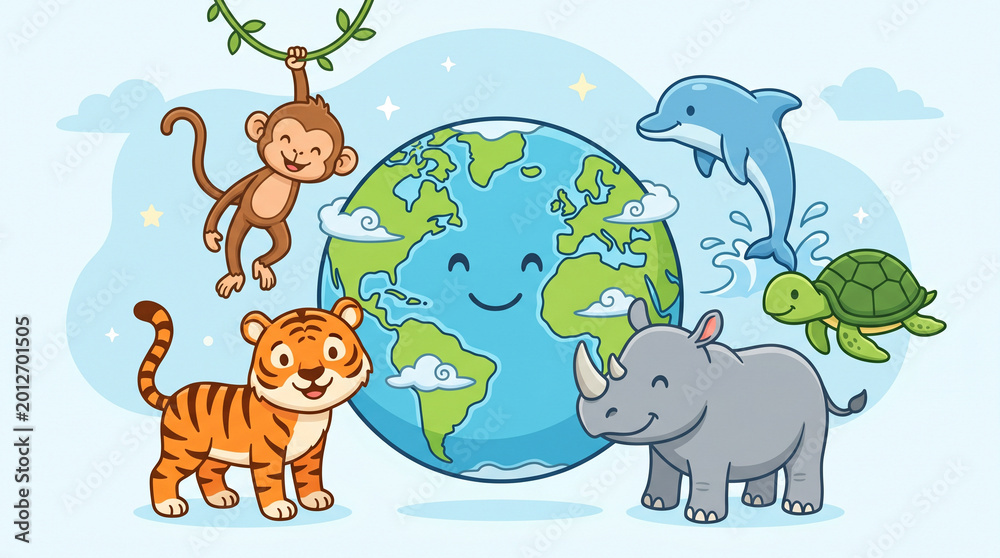 Obraz premium Vibrant cartoon illustration featuring a happy Earth surrounded by diverse wild animals, celebrating global wildlife diversity and the importance of nature conservation for our planet