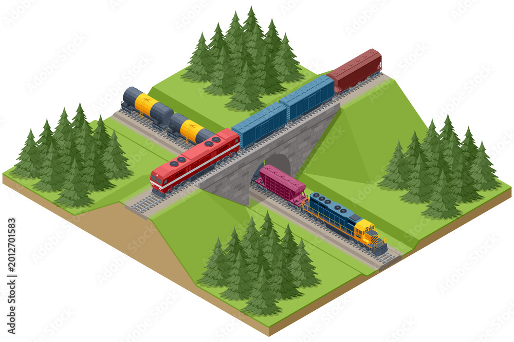 Fototapeta premium Isometric railway landscape featuring a multi-level intersection. A freight train crosses a stone bridge while another passes through a tunnel, depicting complex transport infrastructure.