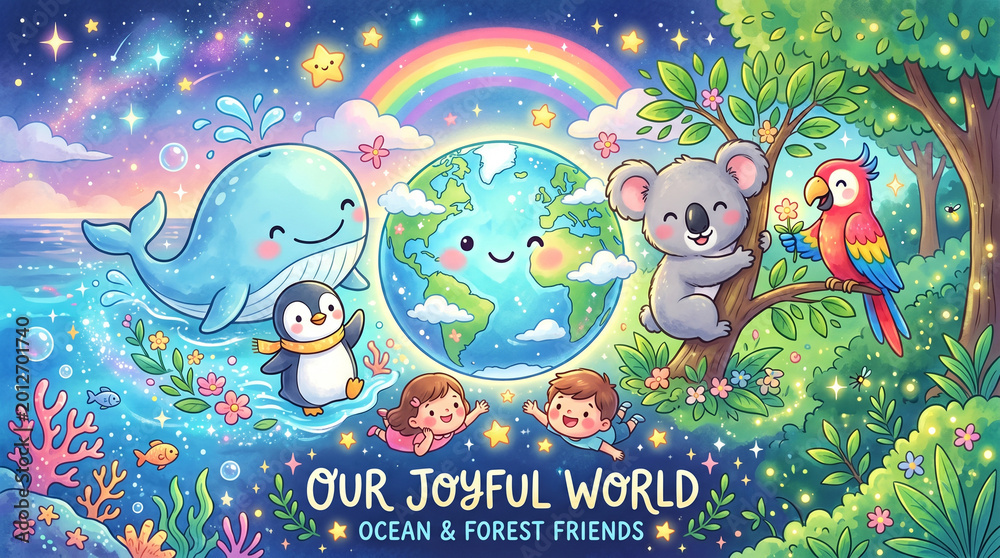 Obraz premium Cheerful cartoon illustration of Earth with friendly ocean and forest animals and happy children under a rainbow, symbolizing global environmental harmony