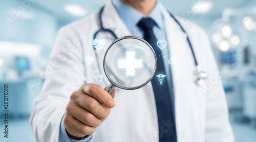 Medical examination service concept featuring a physician using a magnifying glass for disease diagnosis.