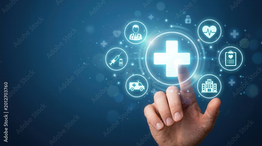 Fototapeta premium Access to welfare and medical services shown through a hand selecting a health icon.